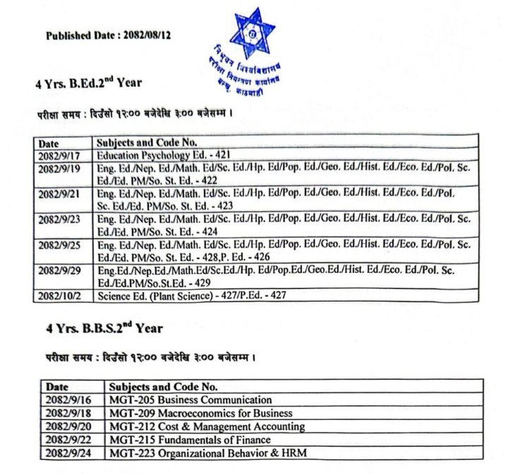 Exam Schedule: 4 Years BBS & B.Ed Second Year -2082 Regular